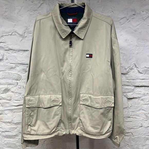 Vintage 90s Tommy Hilfiger Flag Patch Harrington Jacket Brown Beige Chin Strap - Picture 1 of 15